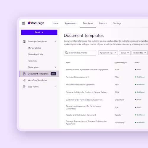Docusign Agreement Preparation UI for managing agreement templates