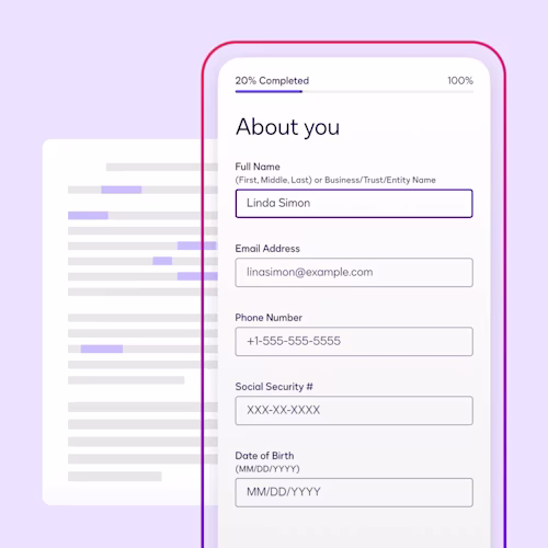 Phone screen showing a filled-out form in Docusign Web Forms with fields for full name, email, phone number and date of birth that correspond with the fields in an agreement