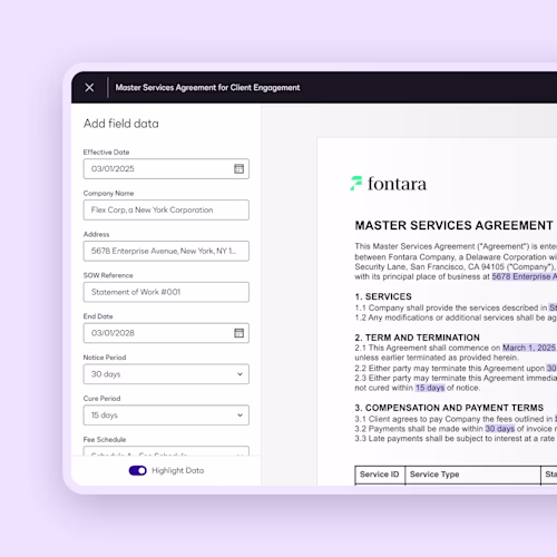 Docusign Agreement Preparation user interface for adding field data