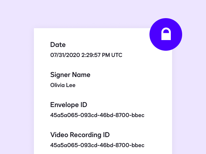 Secure document showing the date, signer name and envelope ID of a completed agreement in Docusign