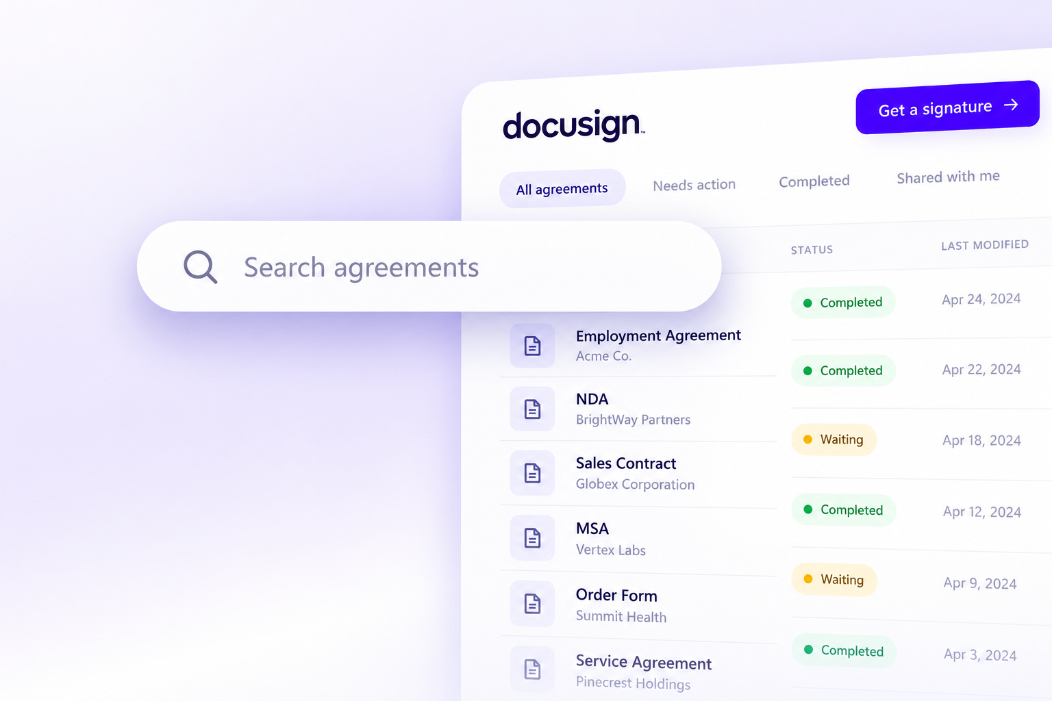 Find any agreement in the DocuSign for Windows document library